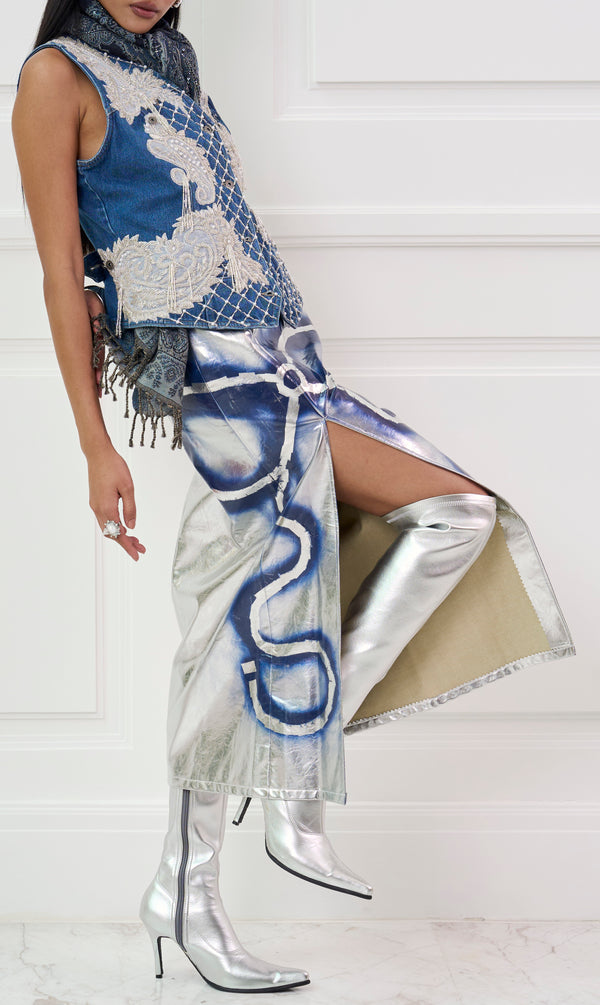 HAND-PAINTED METALLIC LEATHER SKIRT